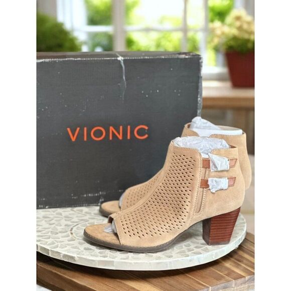 Vionic Aloft Chryssa Orthotic Booties Women’s 9.5 Peep Toe Block Heel Shoes - Picture 2 of 13